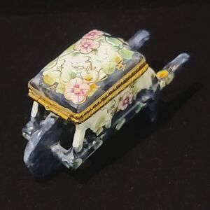 Rochard Limoges France Hand Painted Blue Wheelbarrow Pink Flowers Trinket Box